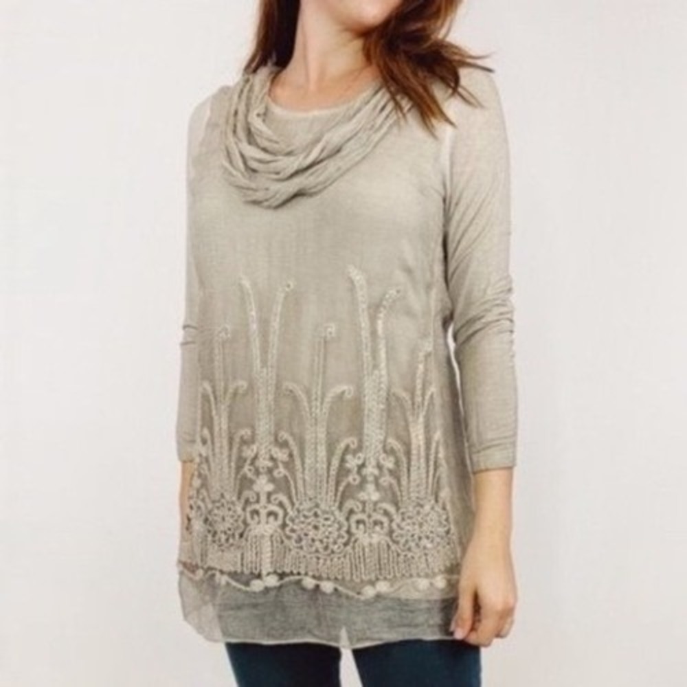 Soft Surroundings Silk Sequin Beige Embroidered Boho Tunic Top Petite Medium‎